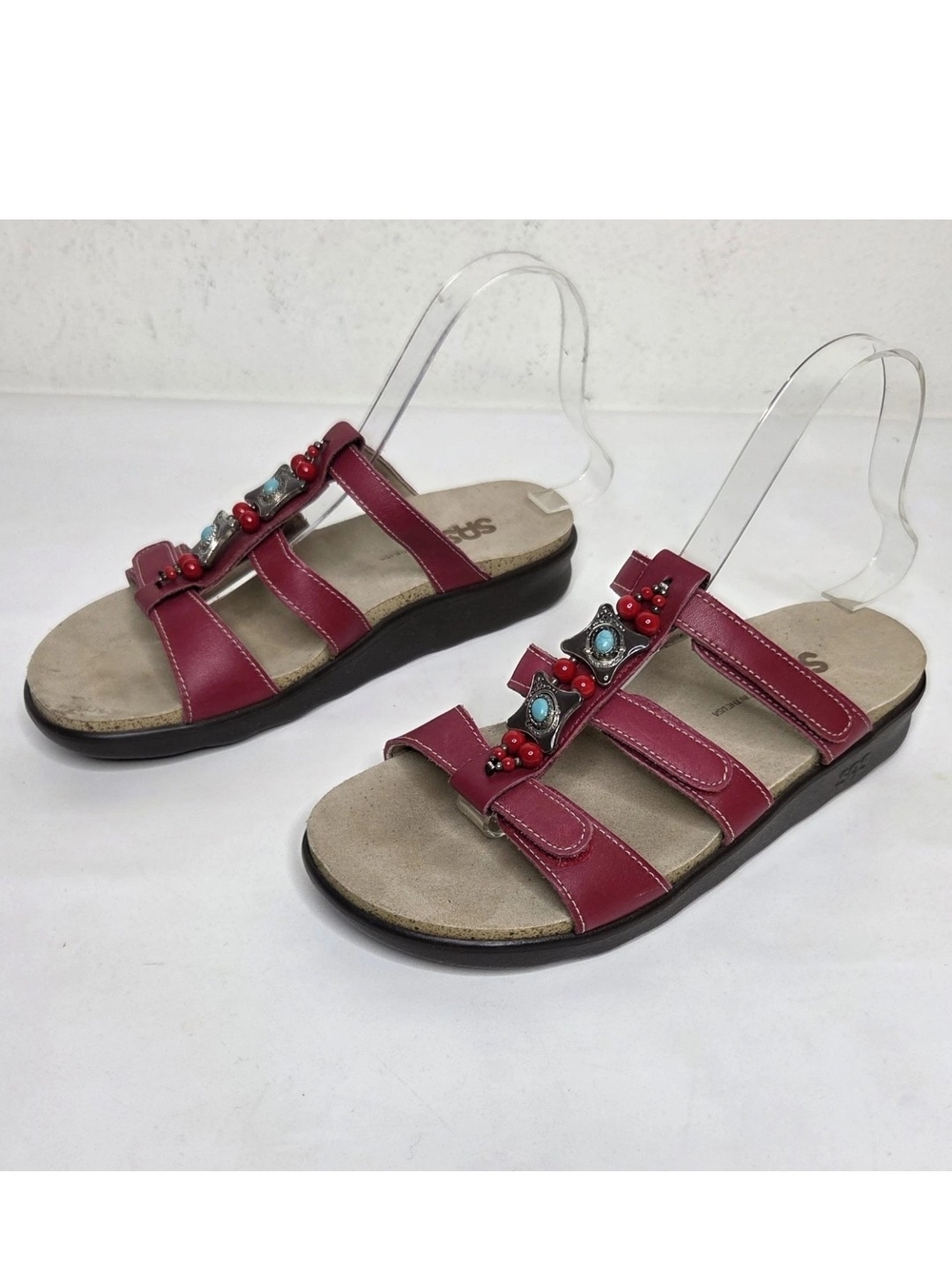 SAS Naples Sandals Womens 7M Red Leather Triple Strap Comfort Boho Southwestern